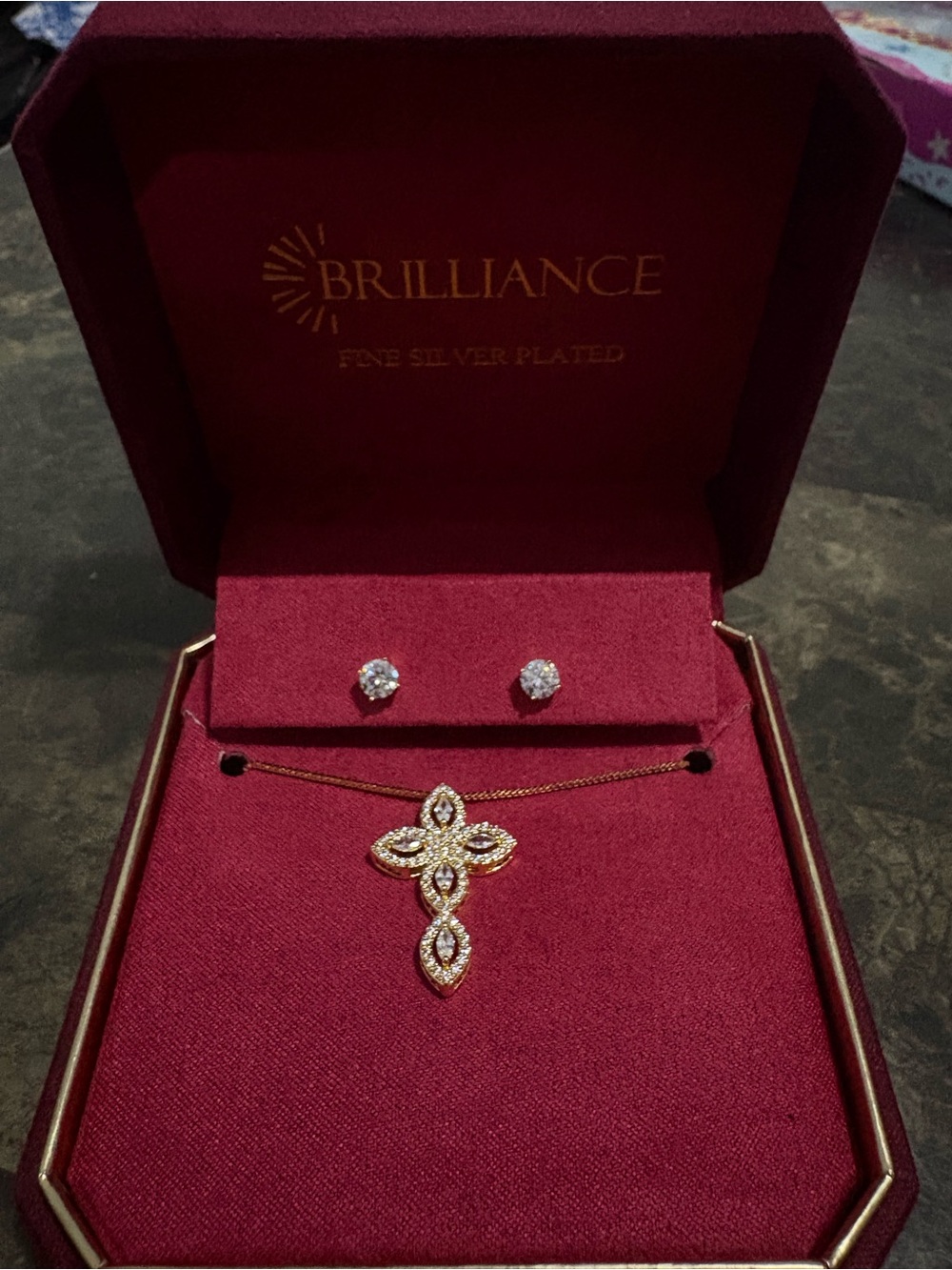 Brilliance Gold-Tone Cross Pendant Necklace with Matching Crystal Studs - Gold